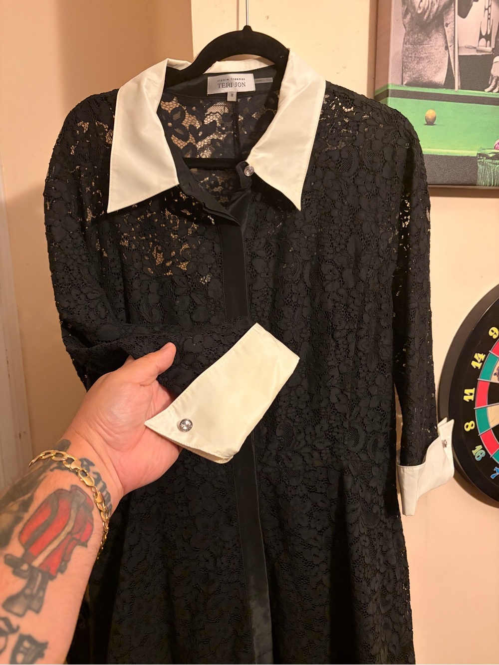 Teri Jon Black Lace Maxi Dress with White Collar and Cuffs - Picture 2 of 16